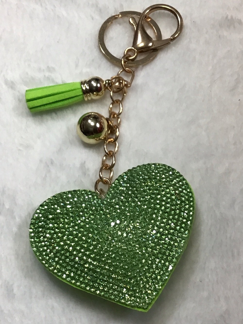 Green Heart Tassel Keychain - Gold Hardware
